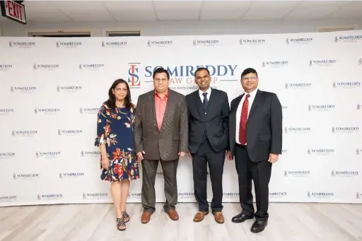 Somireddy Law Group attorneys Sangeetha Mugunthan, Jibran Muhammad, Vijay Yellareddigari, and founder Santosh Somireddy.