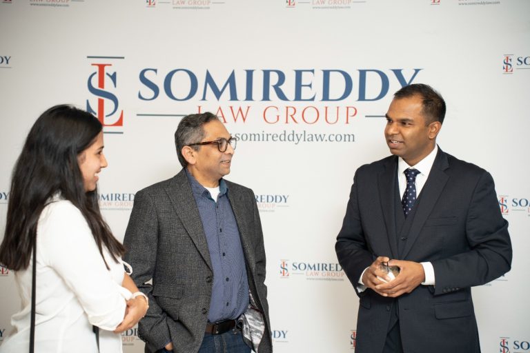 Managing Partner Vijay Yellareddigari networking with Steve Sears and Ishika Sinha at Somireddy Law Group.